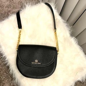 Michael Kors Small Black Pebble Leather Crossbody. Gold Lettering